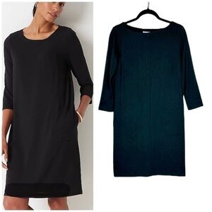 NWT J. Jill Black Ponte Midi Shift Dress, 3/4 Sleeves & Large Seamed Pockets, XS